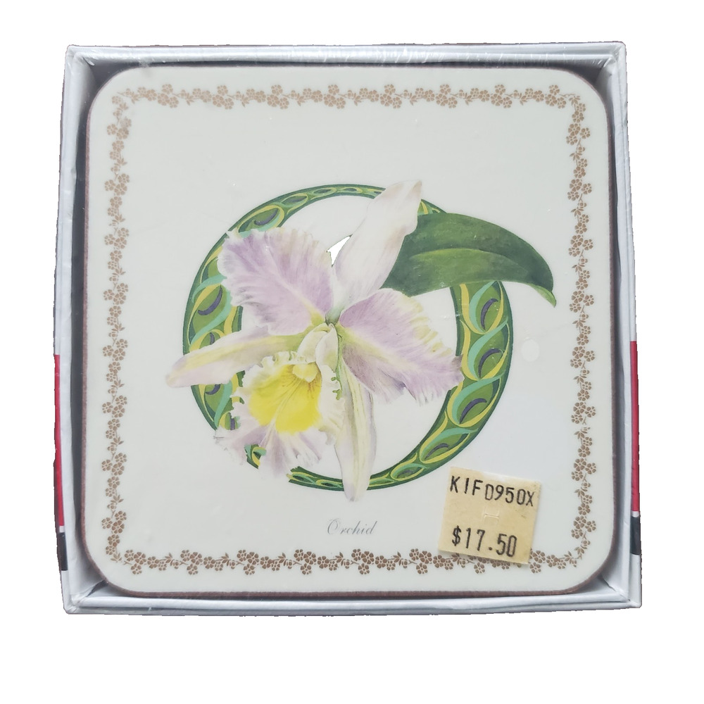 Vintage Pimpernel Set of 6 Sealed Corked Coasters Alphabet Florals Orchid "O"